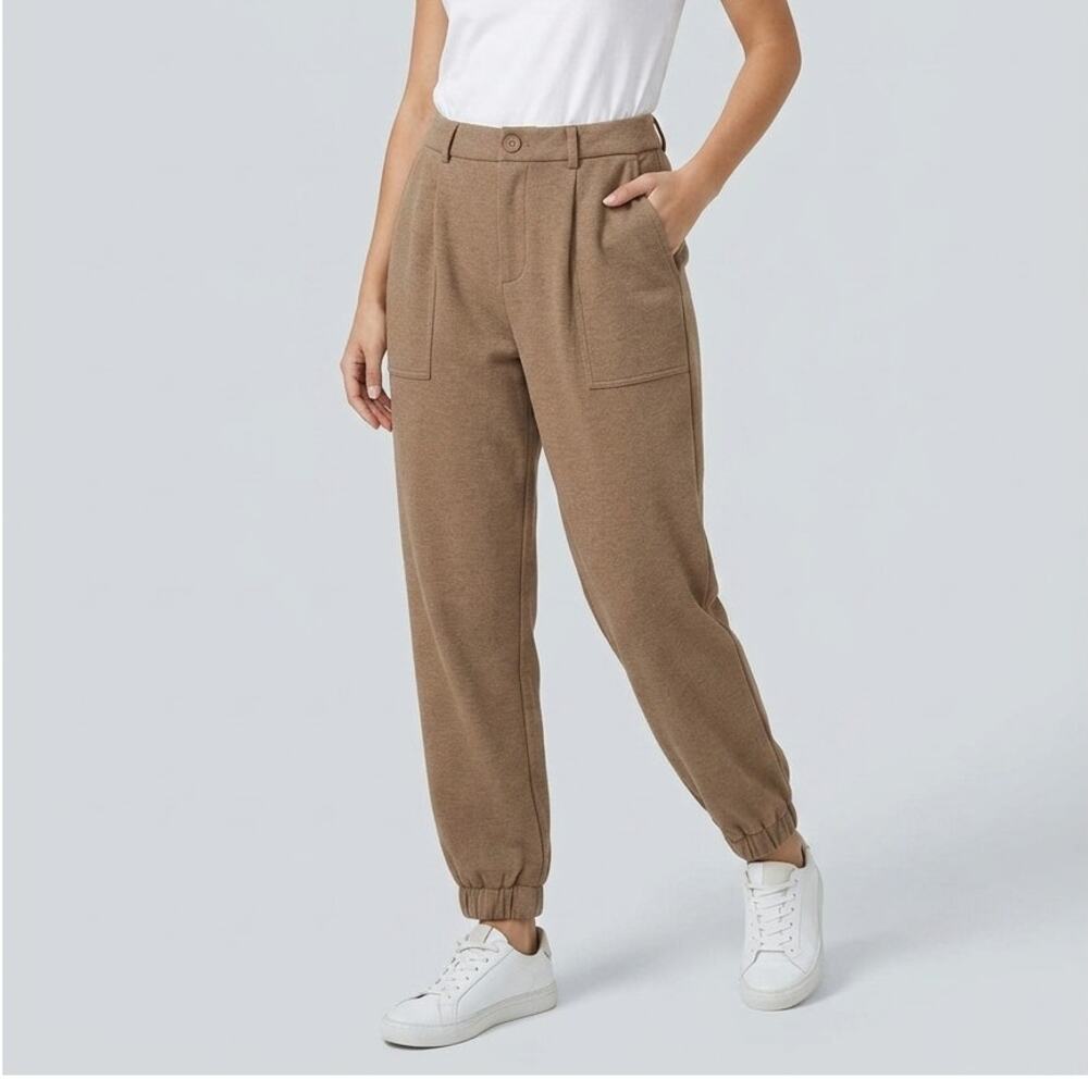 Halara Jogger Pants XL Light Brown Fleece Elastic Waist Pockets Athleisure Wear